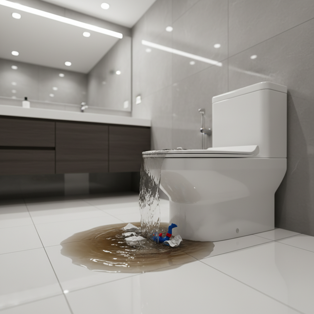 A professional photo of a modern, clean bathroom with a clear focus on the toilet. The toilet bowl is filled to the brim with murky water, creating a sense of an urgent blockage. A small amount of water has spilled onto the pristine white tile floor, reflecting the overflow. Subtly visible within the standing water are a few discarded wet wipes and a small toy, hinting at the cause. The overall lighting is bright, but the clogged toilet stands out as a focal point of distress.