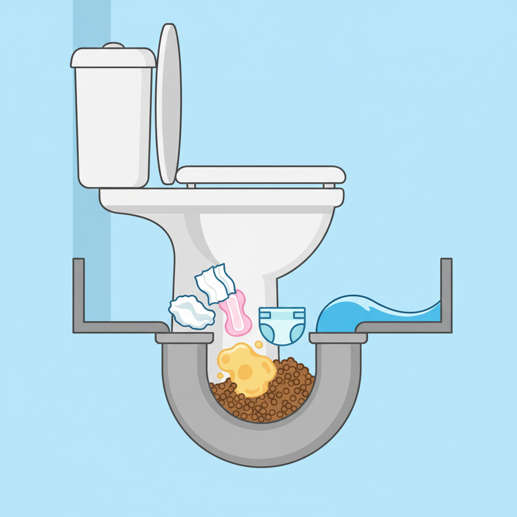 A vibrant flat illustration in an infographic style, depicting a cross-section of a toilet's drain pipe system. From the top, a variety of inappropriate items are shown falling downwards: a cluster of wet wipes, a hygiene product, a small diaper, a fatty food globule, and a clump of cat litter. These items are accumulating within a segment of the curving drain pipe, forming a clear, dense blockage that restricts the flow of water. The background is simple, focusing on the pipe and the objects causing the obstruction.