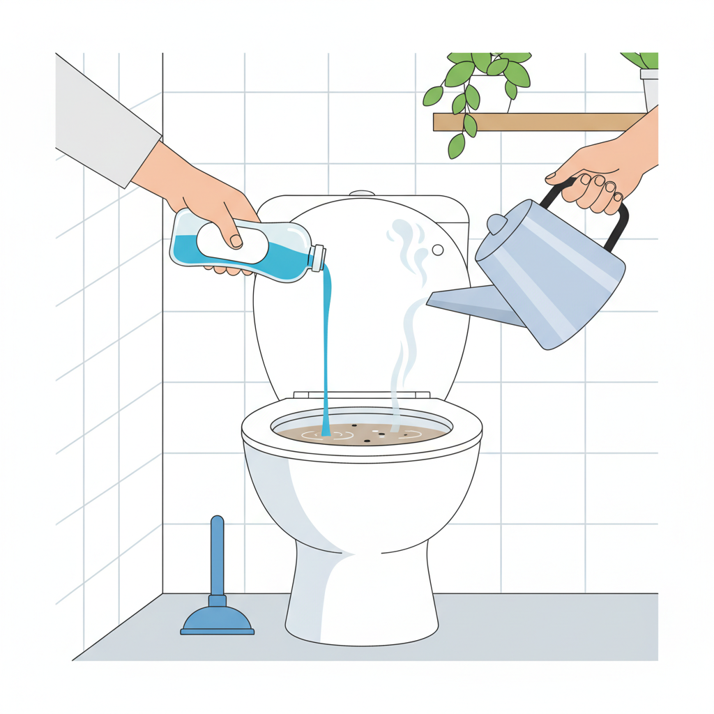 A clean, modern bathroom interior with a white ceramic toilet. The toilet bowl contains still, slightly murky water, indicating a clog. A hand gently pours a stream of blue dish soap into the water from a clear bottle. In the background, another hand holds a steaming, silver kettle or jug, poised to pour warm water. The scene should convey a calm, problem-solving atmosphere. Flat illustration style with clean lines and a bright color palette.