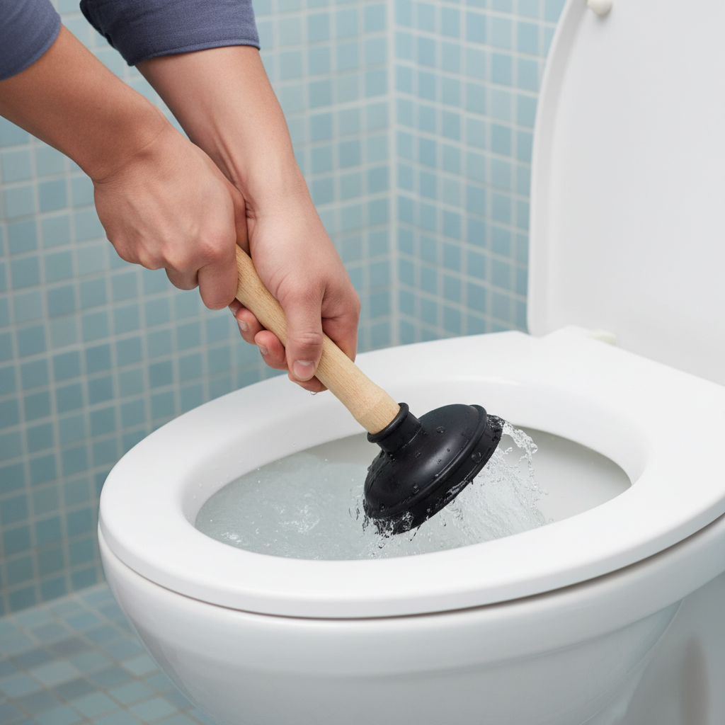A close-up, dynamic shot of hands firmly operating a classic black rubber toilet plunger over the drain opening of a modern white toilet bowl. The water level in the bowl is slightly elevated but contained, showing the action of unclogging. The background is a blurred, clean bathroom tile wall. The focus is on the effort and the tool effectively addressing the blockage. Professional photo style with good lighting and clear detail.