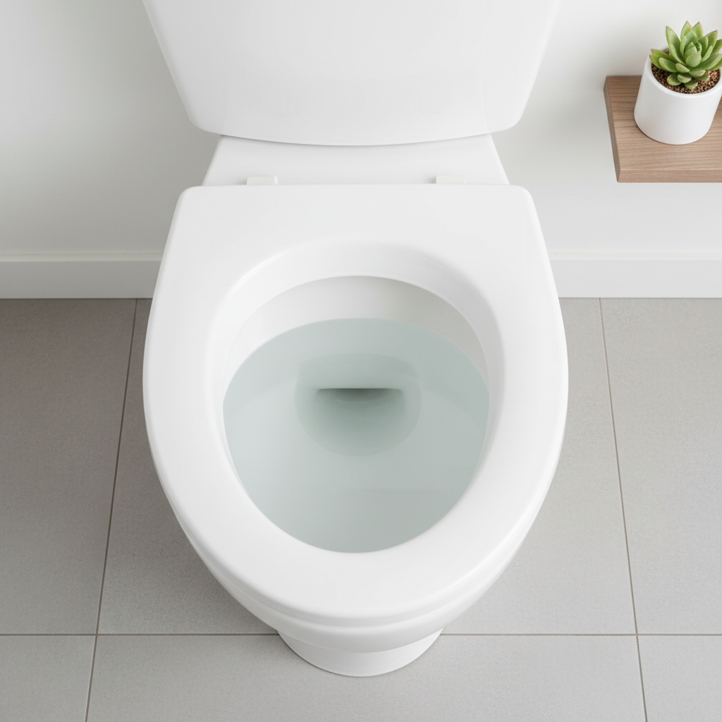 A professional, high-angle photo of a meticulously clean and sparkling white toilet bowl. The ceramic surface is pristine, smooth, and gleaming, with light reflecting off the shiny curves. The water in the bowl is crystal clear, perfectly still, and invitingly fresh, without any hint of discoloration or residue. The overall image conveys a strong sense of hygiene, freshness, and aesthetic appeal, highlighting the successful outcome of limescale removal. The bathroom setting should be bright and minimalist.