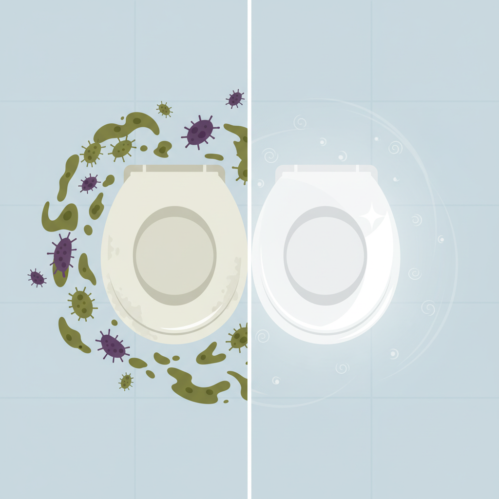 A split-screen flat illustration depicting a toilet seat. On the left side, the toilet seat appears dull and is surrounded by a cloud of abstract, stylized green and purple germ shapes, indicating an unhygienic state. On the right side, the same toilet seat is sparkling clean and bright, with subtle white light particles emanating from its surface, symbolizing freshness and hygiene. The background is clean and minimalistic, emphasizing the contrast without being overly clinical. The overall feeling should convey the importance of cleanliness and germ reduction in a visually engaging way.