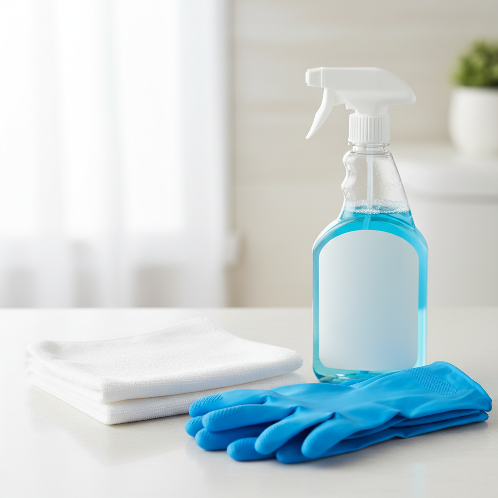 A professional studio photo showing the essential tools for cleaning a toilet seat. In the foreground, a pair of bright yellow or blue rubber gloves are neatly folded. Next to them, a clean, folded microfiber cloth is visible. Slightly behind, a generic spray bottle, symbolizing cleaning solution, is positioned. The background is blurred and light, suggesting a clean bathroom environment. The focus is on the readiness and simplicity of the cleaning preparation, emphasizing effectiveness and organization. The lighting is soft and even, highlighting the textures of the materials.