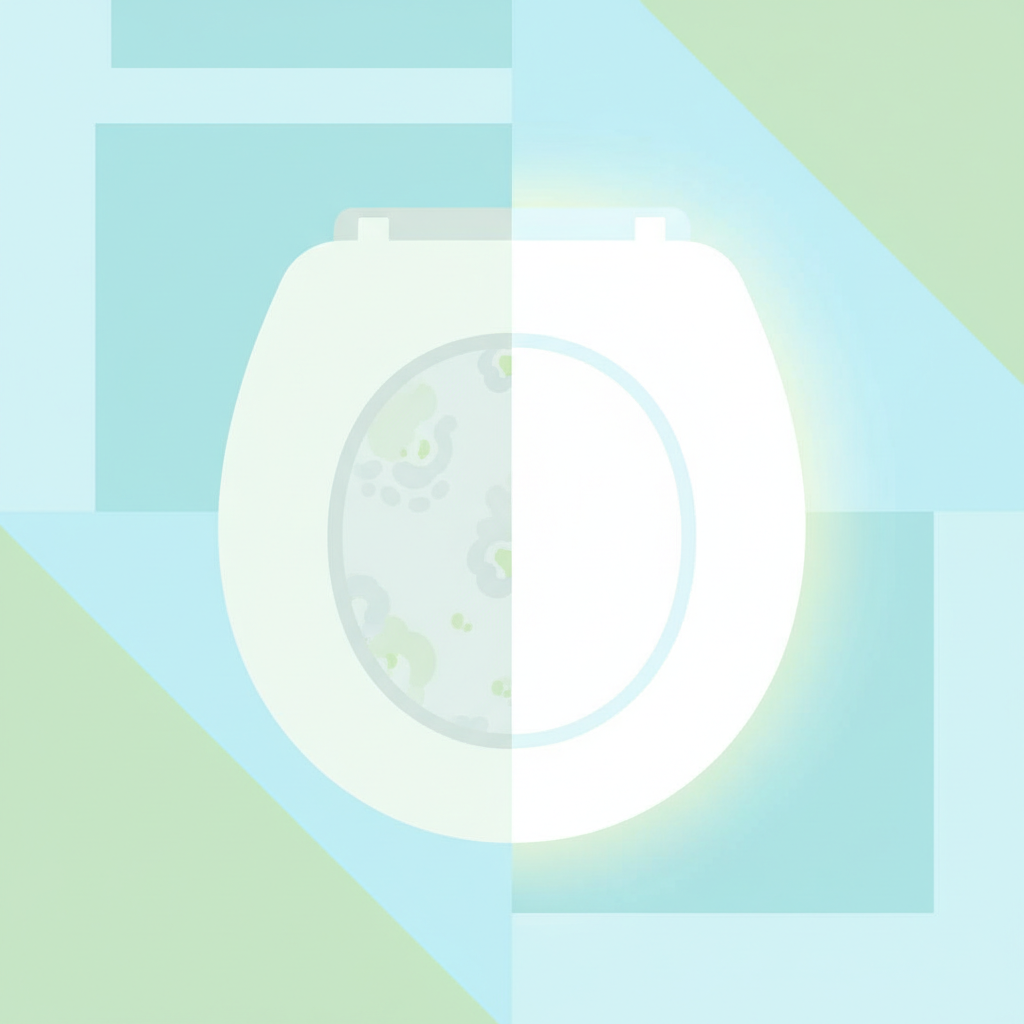 A stylized, clean flat illustration showing a toilet seat. One half of the toilet seat (e.g., the left side) should appear slightly dull or have subtle, faint, swirling cloud-like patterns representing unseen germs and bacteria. The other half (e.g., the right side) should be sparkling clean and bright, perhaps with a soft, subtle glow to convey hygiene and freshness. The illustration should use a bright, inviting color palette, emphasizing cleanliness and a modern bathroom aesthetic. The focus is on the visual contrast between an unhygienic and a hygienic state.