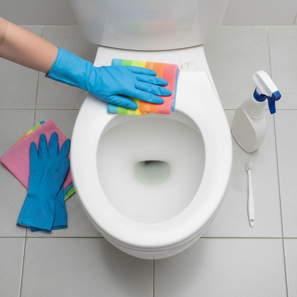 A professional, bright overhead shot or a slightly elevated angle photograph showing essential toilet cleaning supplies arranged neatly around a pristine white, modern toilet seat. Prominently featured items include a pair of blue rubber gloves, a colorful microfiber cleaning cloth, a generic spray bottle (suggesting household cleaner), and a small brush (like an old toothbrush). A hand, wearing a blue glove, is actively wiping the toilet seat with the microfiber cloth, illustrating the cleaning action. The background should be a clean, subtly tiled bathroom surface, conveying a practical, hygienic environment.