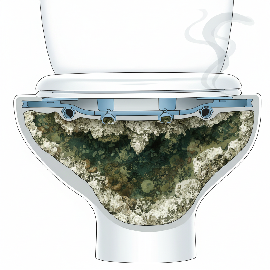 A detailed, stylized cross-section view of a toilet bowl's rim. The pristine white ceramic material is visible, with the internal plumbing structure hinted at. Underneath the rim, show an accumulation of unsightly, dark green and brown microbial growth representing bacteria and mold. Hard, calcified, off-white layers cling to the ceramic, illustrating limescale and urine stone. A subtle, swirling grey vapor emanates from the dirty area, symbolizing unpleasant odors. The overall impression should be clear, highlighting the hidden problem areas in a hygienic, infographic style, emphasizing the unseen dirt.