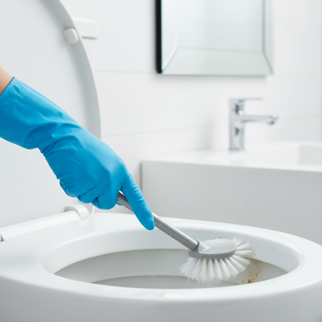 A vibrant, brightly lit professional photo depicting a hand, encased in a clean blue protective glove, actively cleaning the underside of a toilet rim. A long-handled, specialized toilet brush with stiff bristles is maneuvering precisely into the hard-to-reach groove. One side of the rim is visibly sparkling clean and white, while the area currently being scrubbed shows faint traces of residual grime being dislodged. The background is a clean, modern bathroom setting, slightly out of focus. The image conveys diligence, effectiveness, and a commitment to hygiene.