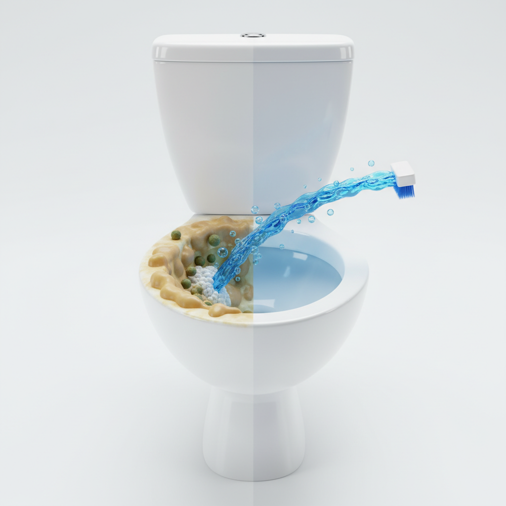 A dynamic, professional 3D render or detailed flat illustration depicting a toilet bowl. One half of the bowl is visibly dirty, covered with stylized yellowish-brown limescale formations and abstract, subtle representations of bacteria clinging to the surface. The other half is impeccably clean, gleaming with reflected light, showing no impurities. A powerful, concentrated stream of blue cleaning liquid or a stylized cleaning brush is shown actively sweeping from the dirty side towards the clean side, symbolizing the effective removal of grime, limescale, and pathogens.