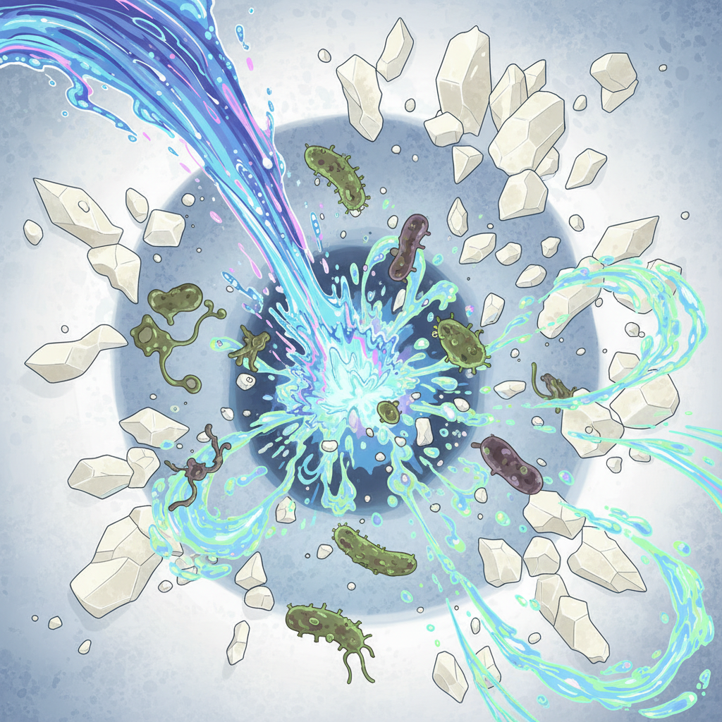 An abstract, high-resolution scientific illustration with an artistic flair, focusing on the microscopic fight against toilet contaminants. The scene shows jagged, off-white crystalline structures representing limescale and various amorphous, stylized bacterial forms on a ceramic-like background. A vibrant, concentrated stream of cleaning liquid, visually powerful and active, is shown dissolving and breaking down these impurities, creating effervescent bubbles and swirling patterns that convey thorough disinfection and chemical efficacy against dirt and microorganisms.