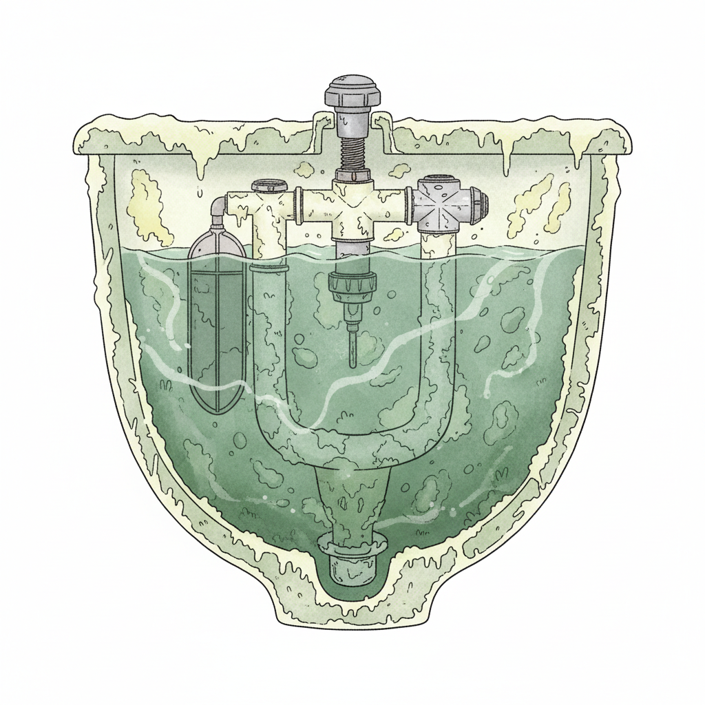 A detailed, slightly stylized cutaway illustration of the inside of a neglected toilet cistern. The water within should appear cloudy with a faint greenish tint, suggesting algae and bacterial growth. Visible, thick layers of white and yellowish lime scale cling to the inner walls, the float valve, and the flush mechanism. Small, swirling visual patterns resembling microscopic bacteria or germs should be subtly integrated into the water and on the fouled surfaces, conveying unhygienic conditions. The overall impression is one of poor maintenance and potential functional problems.
