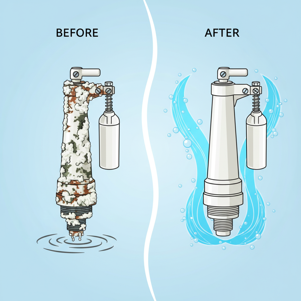 A clean, infographic-style illustration depicting the transformation of a toilet cistern's interior components. The image should imply a 'before and after' concept. On one side, show a flush valve mechanism and a float valve heavily encrusted with white and brown lime scale deposits and dark, grimy spots. On the other side, display the identical components sparkling clean and functional, free from any build-up. A subtle, bright, flowing water effect around the clean parts would emphasize optimal function, contrasting with stagnant or impeded flow on the dirty side.