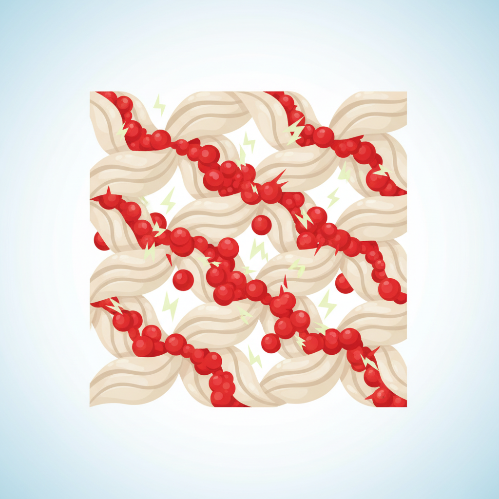 A close-up, stylized infographic illustration showing a fabric weave (e.g., cotton fibers) being penetrated by tiny, abstract representations of tomato components. Vibrant red pigment particles, resembling lycopene, are seen intertwining with the fabric fibers, while small, sharp acid symbols are also subtly embedded within the weave. The background is clean and bright, emphasizing the chemical interaction and the stubborn nature of the stain. The overall visual should communicate why tomato stains are hard to remove, highlighting the pigments and acids, rendered in a clean, scientific-yet-approachable diagrammatic style.
