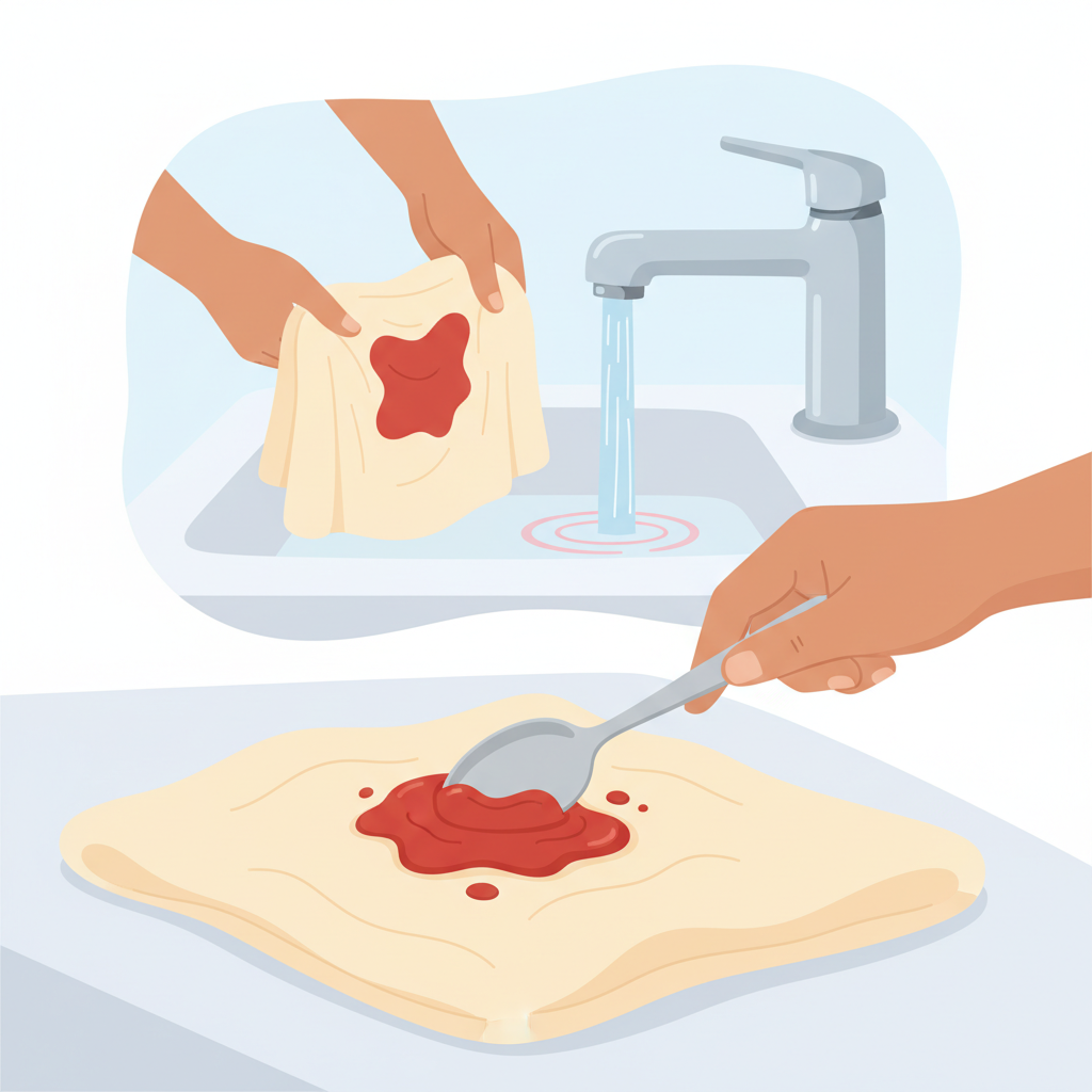 A professional flat illustration depicting the immediate steps to treat a fresh tomato stain on a piece of light-colored clothing. In the foreground, a hand gently scrapes excess tomato sauce from the fabric using the blunt edge of a spoon, ensuring not to spread the stain further. In the background, slightly out of focus but clearly visible, another hand holds the stained fabric under a stream of cold running water, rinsing from the reverse side. The scene uses soft, inviting colors and a clean aesthetic, focusing on clarity and ease of understanding for the user.