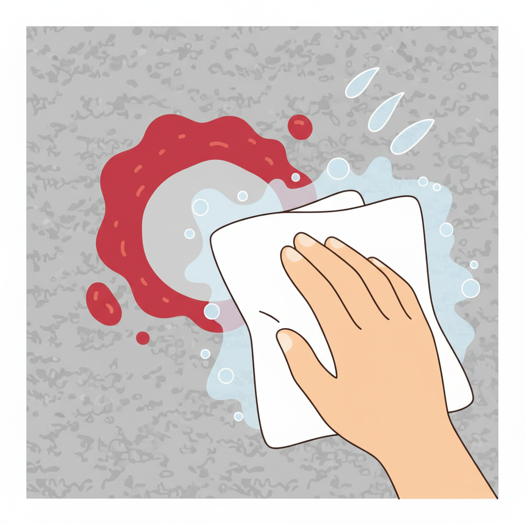 A modern, clean flat illustration depicting the removal of a tomato sauce stain using a common household remedy. On one side, a small, vibrant red tomato sauce splat is visible on a textured grey fabric surface, possibly a carpet or upholstery. On the other side, a hand holding a clean, white cloth is applying a clear liquid (symbolizing a cleaning solution like vinegar) to the vanishing stain, leaving a clean, almost pristine area behind. The composition should subtly suggest transformation from stained to clean, focusing on the simplicity and effectiveness of the method. Use a limited, inviting color palette.