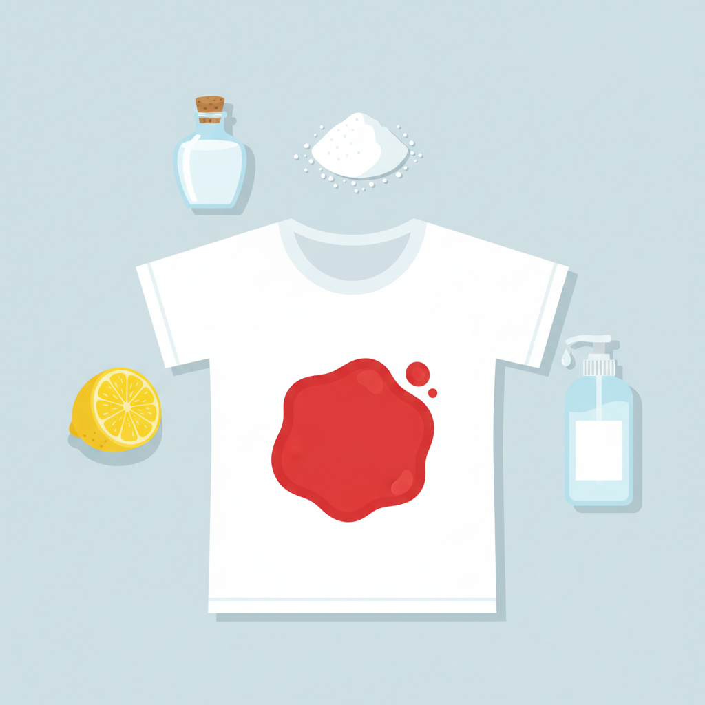 A flat illustration depicting a common household dilemma: a visible, vibrant red tomato sauce stain marring a pristine white t-shirt or tablecloth, hinting at the problem. Surrounding the stained fabric, arranged neatly on a clean kitchen counter, are various natural home remedies ready for action. These include a bright yellow sliced lemon, a small glass bottle of clear white vinegar, a pile of white baking soda powder, and a clear dispenser of liquid dish soap. The overall scene should convey a sense of natural solutions and immediate action, with a clean and inviting visual appeal, highlighting the practical application of everyday ingredients.