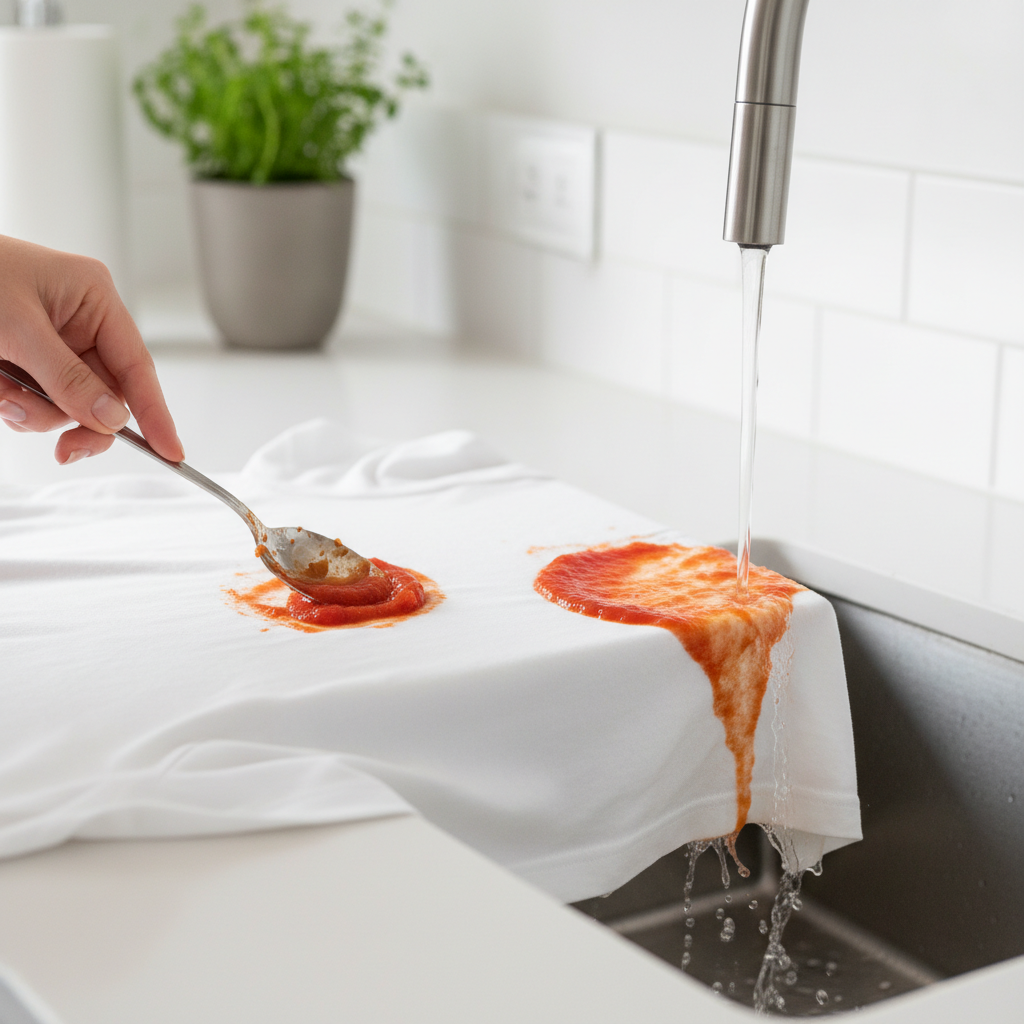 A professional, crisp photograph illustrating the crucial initial steps of tomato sauce stain removal from clothing. The image features a bright, light-colored fabric, like a white cotton t-shirt or tablecloth, clearly stained with fresh red tomato sauce. The composition shows a hand gently using a dull knife or the edge of a spoon to carefully scrape away excess sauce from the fabric surface, ensuring no rubbing occurs. Simultaneously, or in a clear visual progression within the same frame, another part of the stained fabric is shown being held under a gentle stream of cold water flowing from a kitchen faucet, with the reverse side of the stain exposed to the water, emphasizing the rinsing method.