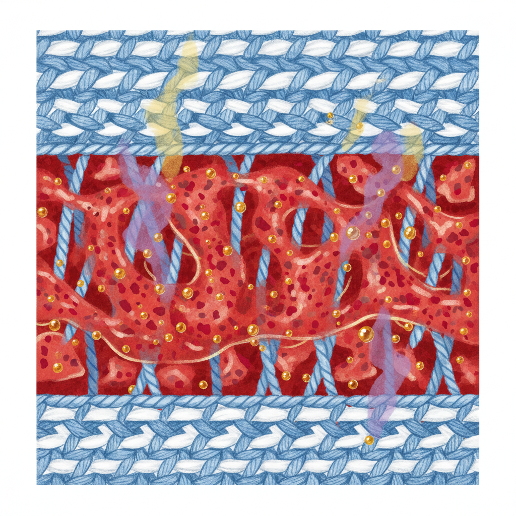 A highly detailed, scientific illustration or infographic style image depicting a close-up, cross-sectional view of fabric fibers deeply penetrated by a stubborn tomato sauce stain. Show various components contributing to the stain's tenacity: vibrant red pigment particles (representing lycopene) deeply embedded within the interwoven textile threads, small golden oil droplets clinging to and coating the individual fibers, and faint translucent acidic elements visually interacting with the fabric structure. The fibers themselves should appear slightly distressed or swollen where the stain has taken hold. The overall impression should be a visual explanation of why these stains are challenging to remove.