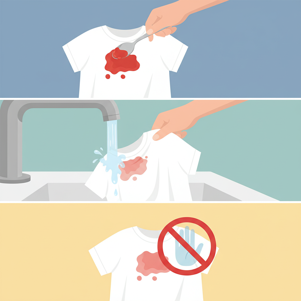 A clean, modern flat illustration presented as a visual sequence of immediate actions for removing a fresh tomato sauce stain from clothing. The first segment shows a hand gently using the edge of a spoon or a blunt knife to carefully scrape excess red tomato sauce off a piece of stained white fabric without spreading it. The second segment depicts a hand holding the stained fabric under a running cold water tap, with the water visibly flowing through the back side of the stain, emphasizing a cold water rinse. The third segment shows a stained area with a subtle, universal 'no' symbol or a gentle 'stop' hand gesture hovering above it, visually communicating 'do not rub' without using any text.