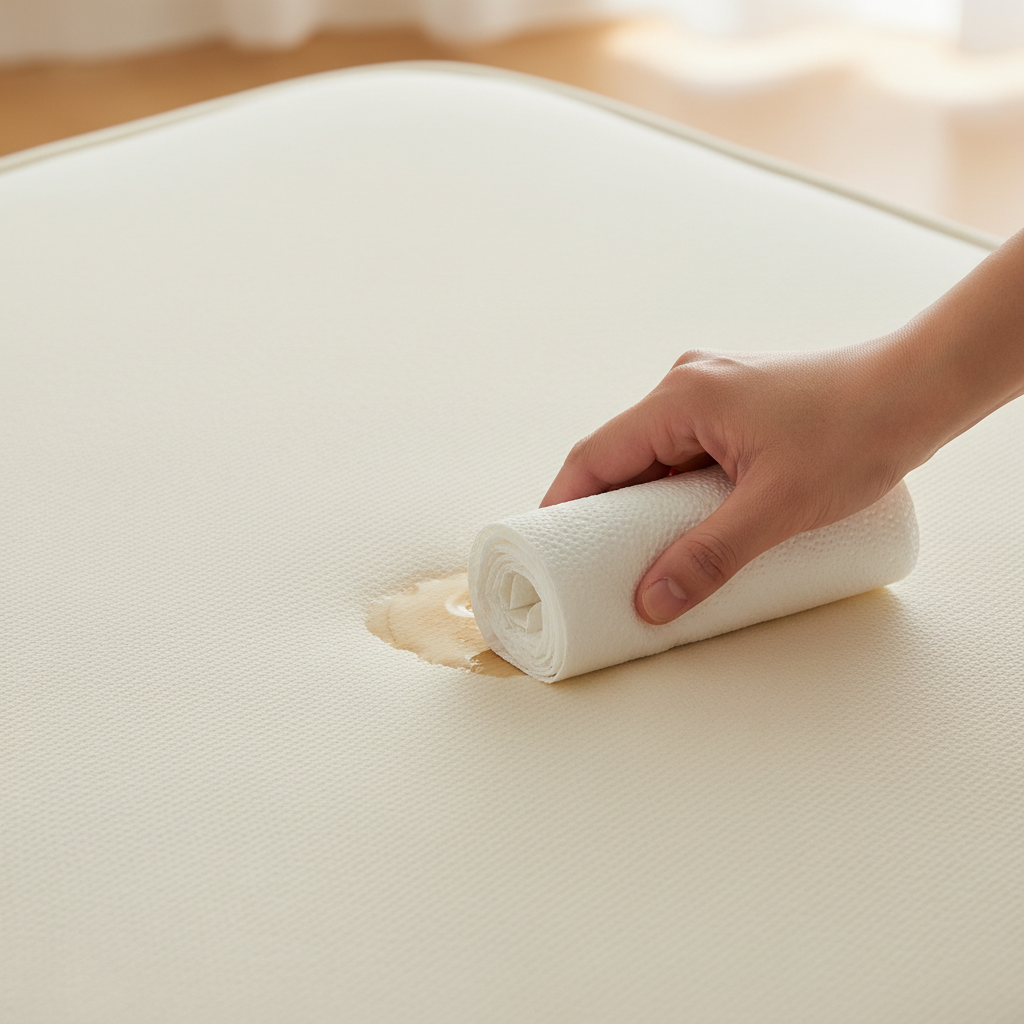 A close-up, top-down view of a light-colored mattress topper with a small, visible wet spot, indicating a fresh liquid stain. A hand, gently holding a rolled-up white absorbent paper towel or cloth, is carefully dabbing the wet area. The fibers of the topper are visible, showing the liquid being absorbed into the towel. The background is softly blurred, hinting at a domestic setting. The lighting is bright and natural, emphasizing the immediate action and the texture of the materials. This image should clearly illustrate the first aid step of quickly soaking up excess liquid in a clean, professional photo style.