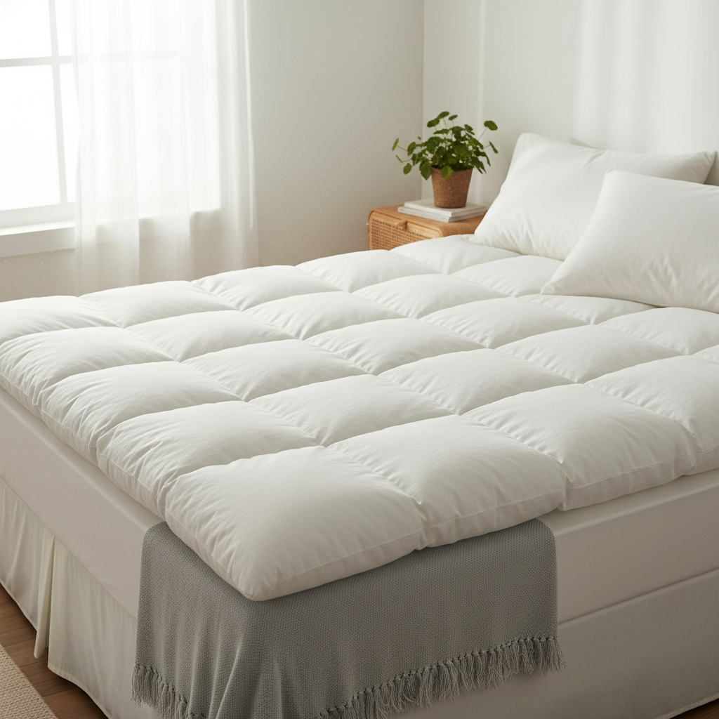 A serene and bright bedroom scene focusing on a pristine, clean mattress topper lying on a bed. The topper appears fluffy, well-maintained, and perfectly fresh, subtly illuminated by soft, natural light, implying ventilation and purity. The surrounding bed linen is simple and clean, suggesting a hygienic environment. The overall mood is one of comfort, freshness, and cleanliness achieved after successful cleaning. The image should evoke a sense of relief and renewed comfort, rendered in a bright, inviting lifestyle photography style.