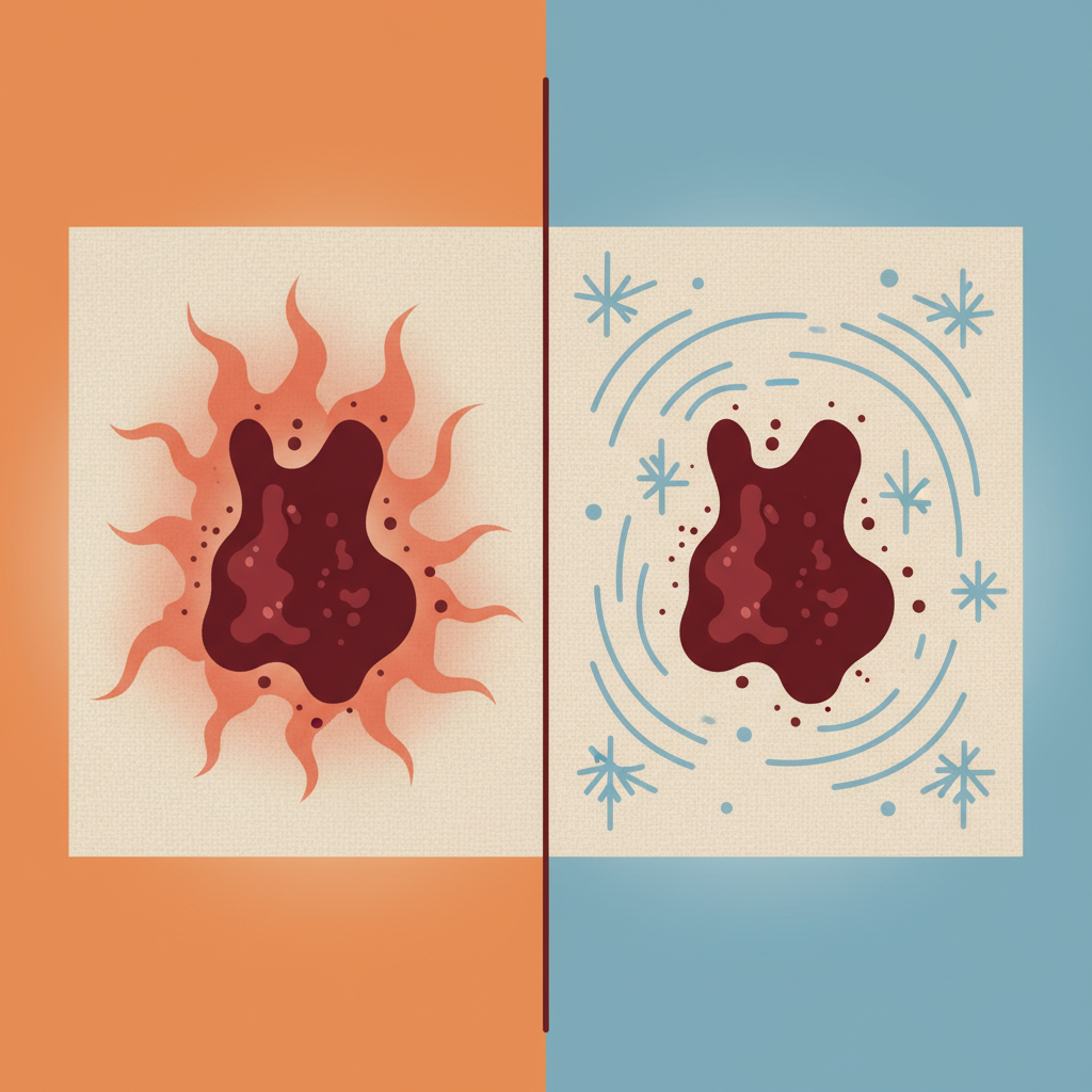 A detailed infographic illustration depicting a comparative scene. On the left, a section of fabric with a deep red, dried blood stain. An abstract representation of heat, perhaps as red wavy lines or a subtle thermal glow, surrounds the stain, visually emphasizing its 'setting' or hardening into the fabric fibers. On the right, the same fabric with a similar dried blood stain, but here, cool blue ripples or ice crystal motifs emanate from the stain, suggesting cold water application and proteins beginning to loosen. The visual contrast should clearly convey that heat fixes, while cold loosens dry blood stains. Flat illustration style with clean lines and distinct color separation.