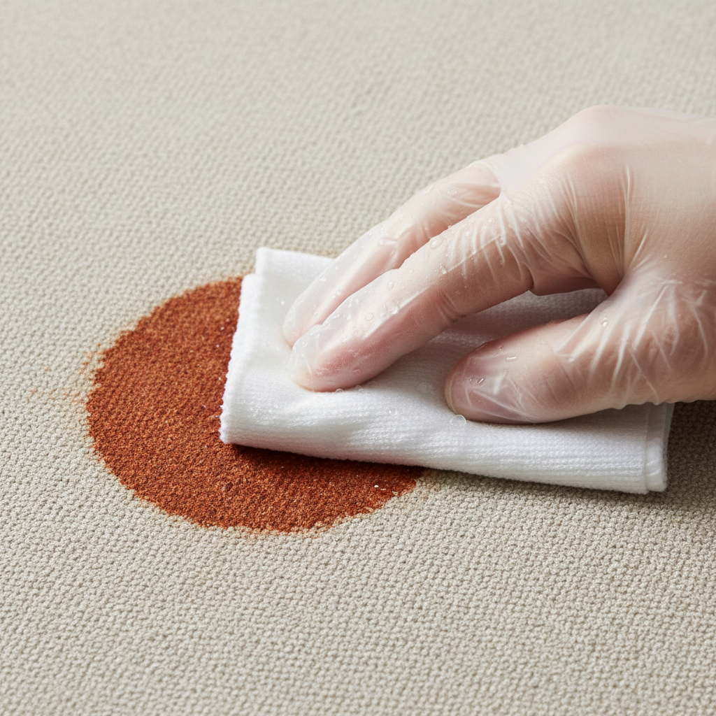 A professional, close-up photo illustrating the correct technique for removing a dry blood stain from a textile. A hand, possibly gloved for hygiene, is shown gently dabbing a small, light-colored cloth or sponge onto a dried, dark red blood stain on a textured fabric surface (e.g., upholstery or clothing). The dabbing motion should be clear, originating from the outer edge of the stain and moving inward, with no visible rubbing. Droplets of a clear, cool liquid might be visible on the cloth, symbolizing cold water. The focus is on precision and gentleness. Realistic and high-definition photography style.