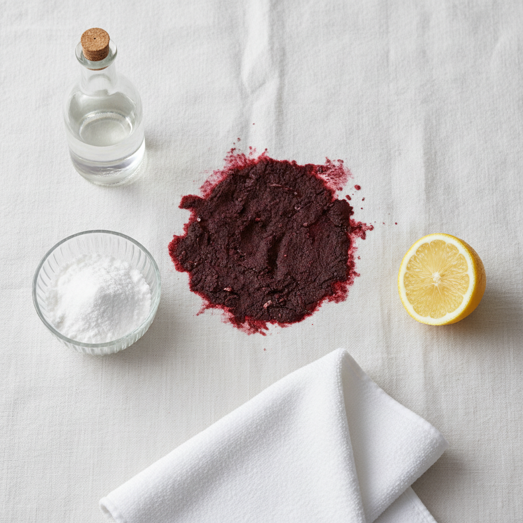 A vibrant, professional still-life photograph capturing the challenge of a dry red wine stain. On a subtly textured white fabric, a prominent, dark red, dried wine stain is visible. Surrounding it are various unbranded household stain removal aids: a small, elegant glass bowl filled with white baking soda, a clear bottle of white vinegar, a fresh lemon wedge, and a pristine white microfibre cloth. The composition should suggest readiness for action and the potential for successful removal, emphasizing the contrast between the stubborn stain and the simple solutions. No text or branding is allowed.
