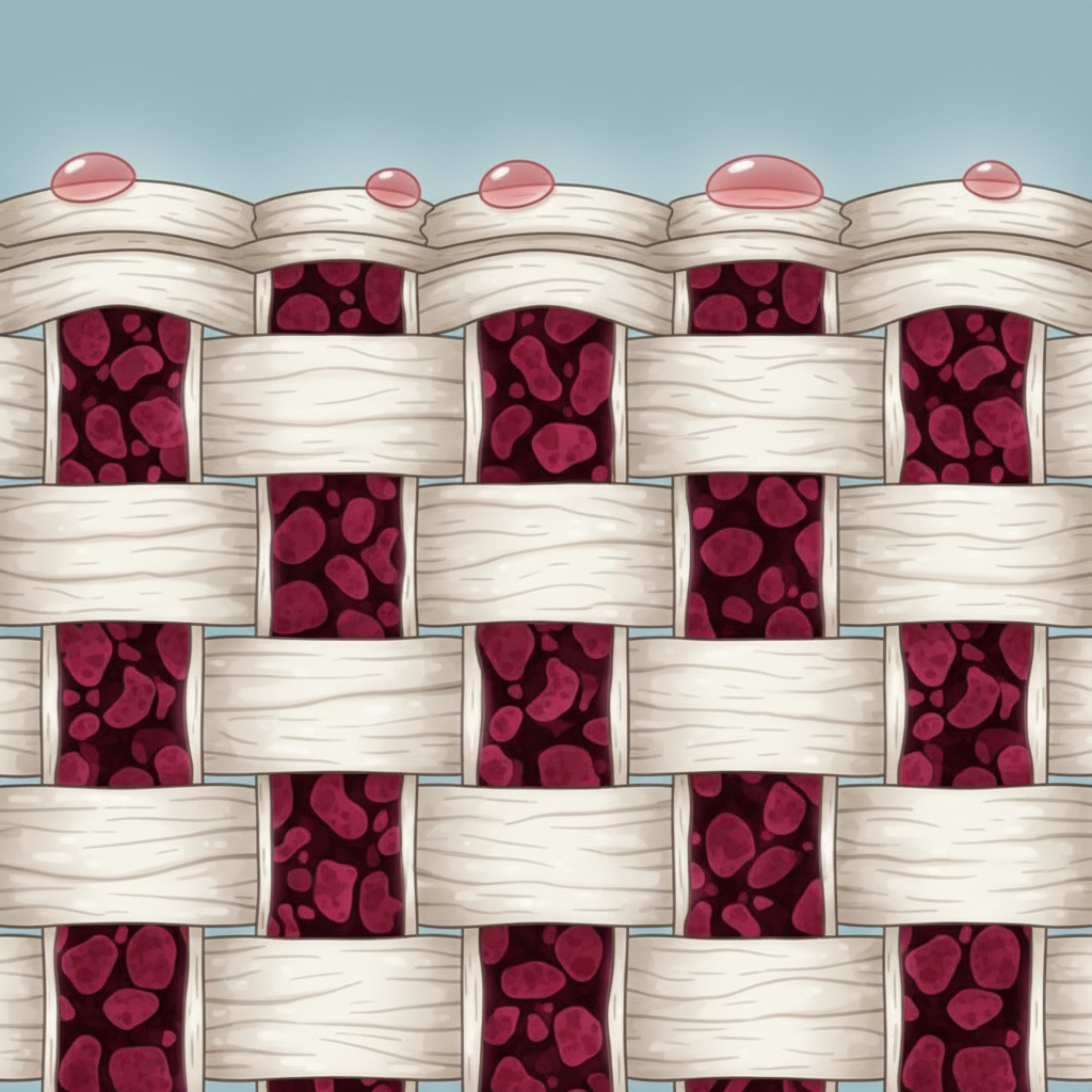 A clean, informative scientific illustration depicting a magnified cross-section of fabric fibers. The fibers are tightly woven, and deep within their structure, dark red, abstract shapes representing dried wine pigments are intricately entangled and bonded. In contrast, on the surface of the fabric, a few lighter red, less integrated wine droplets might be present, illustrating the difference between fresh and stubborn dry stains. The overall visual should convey the difficulty and permanence of dried wine molecules within the fabric's structure. No text or labels are allowed.
