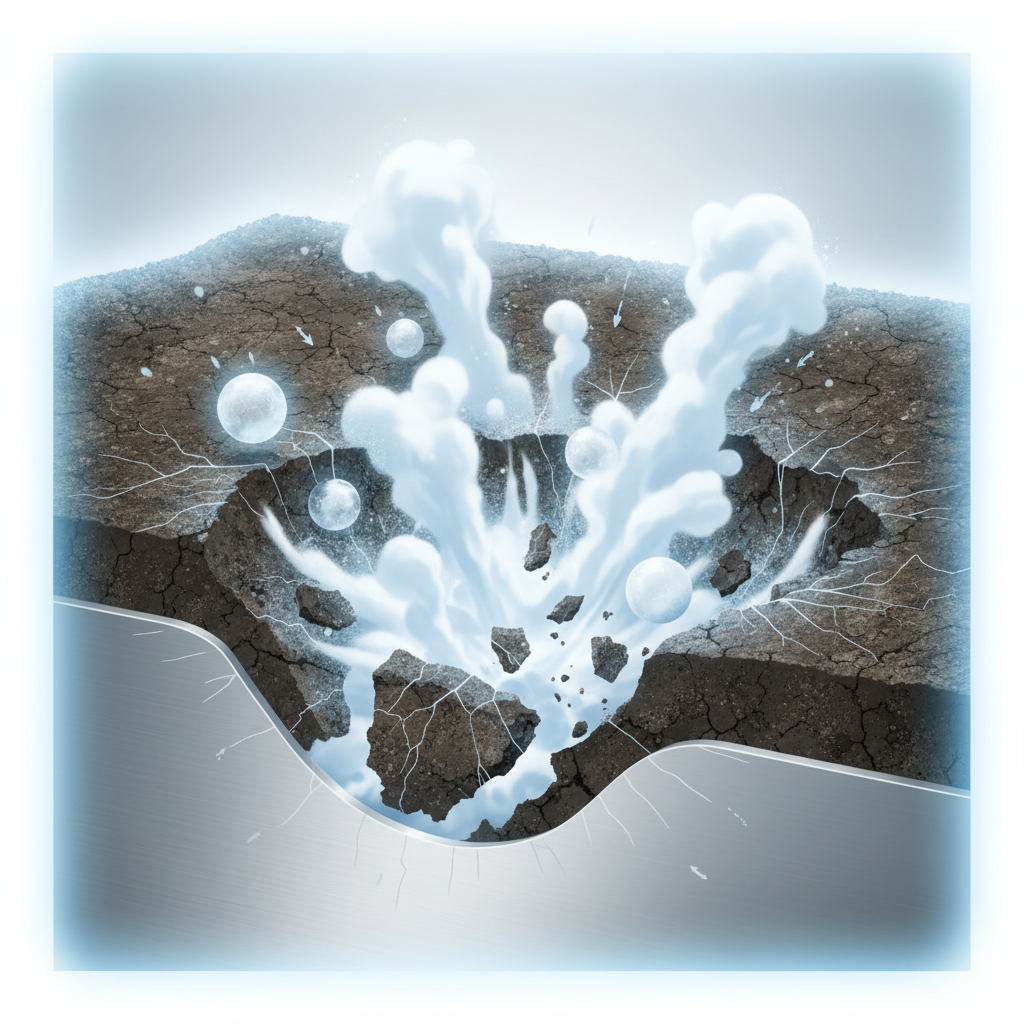 A detailed scientific illustration depicting the micro-level process of dry ice cleaning. Show a close-up, cutaway view of a dirty metal surface with a layer of grime. Tiny, spherical dry ice pellets are impacting the dirt. Visually represent the dry ice immediately sublimating into an expanding cloud of gas, pushing beneath the dirt layer and causing it to lift and crack away from the pristine surface below. Emphasize the cold effect on the dirt, making it brittle. Clean, modern infographic style.