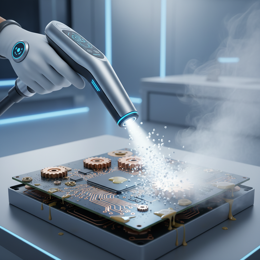 A professional digital illustration showcasing a dry ice cleaning machine in action. A gloved hand holds a sleek, modern nozzle, directing a stream towards an intricate, sensitive industrial component, such as a circuit board housing or a delicate gear assembly, covered in light grease. Subtle plumes of white vapor emanate from the nozzle and the point of impact, indicating the dry ice sublimation. The cleaned part of the component should look immaculate, contrasting with any remaining dirt. The overall style should be clean, high-tech, and emphasize precision and non-abrasive effectiveness.