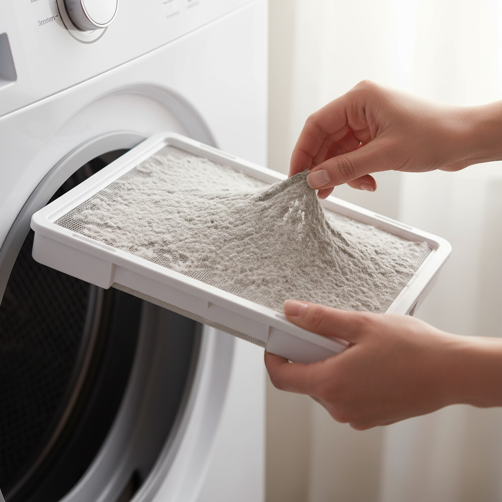 A close-up, professional photo of a person's hands carefully pulling out a lint filter from a modern white clothes dryer. One hand holds the rectangular filter, which is visibly coated with a thick, matted layer of grey lint. The other hand is delicately poised to begin peeling away the accumulated lint. The background is softly blurred, keeping the focus sharp on the hands and the lint-filled filter, conveying a sense of practical, everyday household maintenance. Bright, natural lighting emphasizes clarity and the ease of the task.
