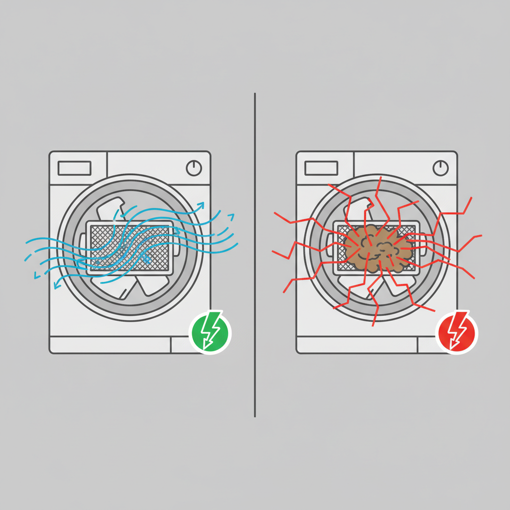 A clear, conceptual illustration in an infographic style, divided into two distinct sections. On one side, a simplified cross-section of a dryer's interior shows a pristine, clean lint filter, with multiple bright blue airflow lines smoothly and freely circulating through it. Adjacent to this, a small, vibrant green lightning bolt icon visually represents efficient energy usage. The other section contrasts this with a dryer interior depicting a heavily clogged lint filter, where turbulent, red airflow lines are visibly restricted and struggling to pass through, accompanied by a larger, more intense red lightning bolt symbol, signifying high energy consumption and waste.