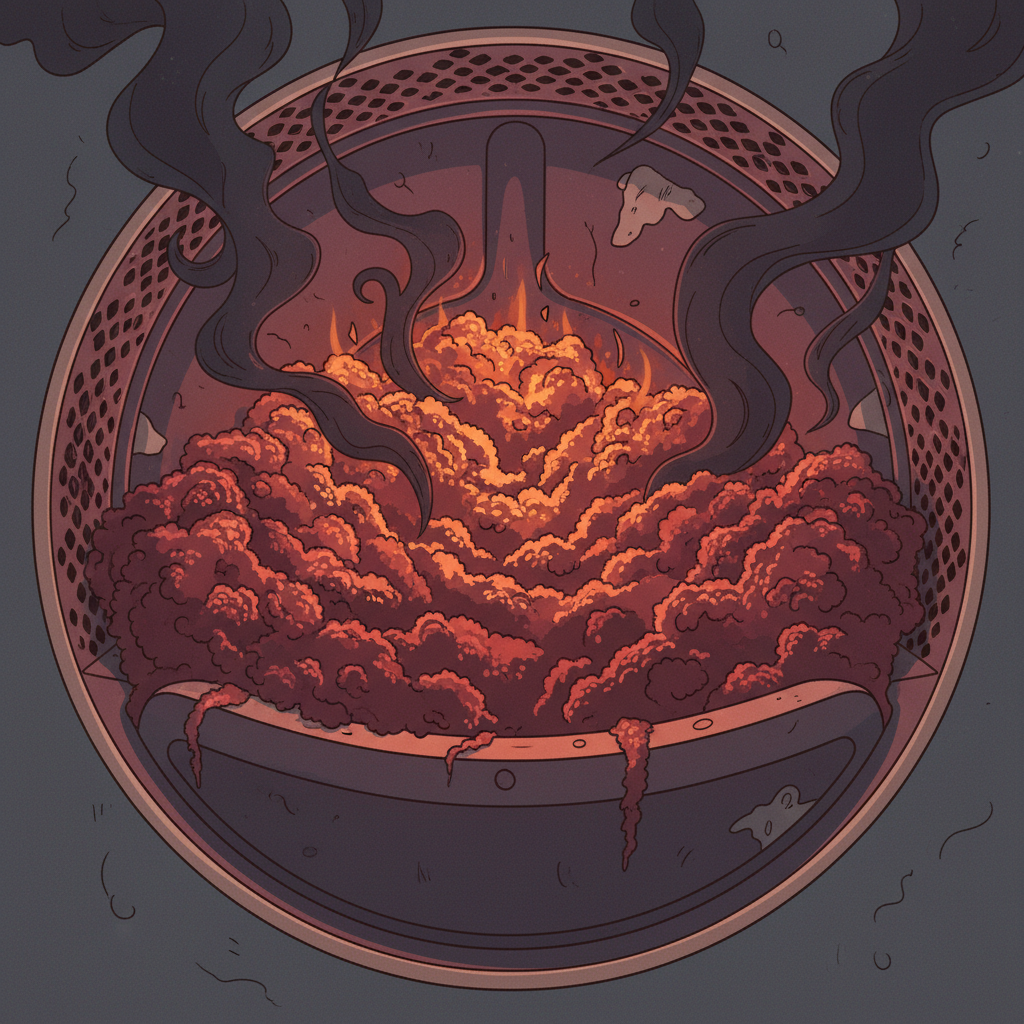 A dramatic, slightly stylized illustration focusing on the inherent danger of lint accumulation. Inside a partially visible dryer drum, a massive, fluffy clump of dryer lint is densely packed within the lint filter compartment. This lint mass subtly glows with an ominous, internal orange and red hue, suggesting extreme heat and potential ignition. Thin wisps of dark smoke are just beginning to curl upwards from the glowing lint, creating a strong sense of impending danger and a cautionary atmosphere. The color palette uses deep, warm tones for the lint against a muted, darker background to emphasize the hazard.