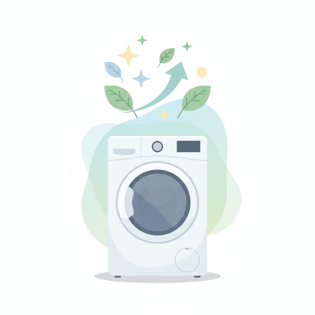 A modern, clean flat illustration showcasing a sleek, well-maintained white clothes dryer. Above the dryer, a series of positive, abstract visual elements are gently floating. These include subtle sparkling stars, delicate green leaf motifs, and a soft, upward-curving arrow, collectively symbolizing extended lifespan, optimal efficiency, and fresh, well-cared-for laundry. The overall aesthetic is bright and clean, utilizing soft pastel colors and smooth, rounded shapes to convey a sense of reliability, calm operation, and longevity for the appliance.