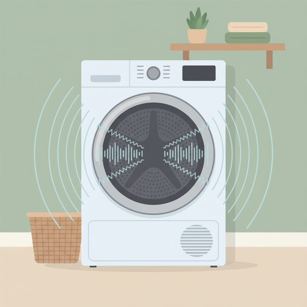A clean, minimalist flat illustration depicting a modern front-loading clothes dryer in a serene laundry room setting. Subtle, abstract sound wave patterns or gentle vibration lines are visibly emanating from the dryer's interior, specifically around the drum area, to visually represent a grinding noise. The overall atmosphere should be calm but with a hint of a mechanical issue, using a soft, inviting color palette. The focus is purely on the visual representation of the noise without any textual elements.