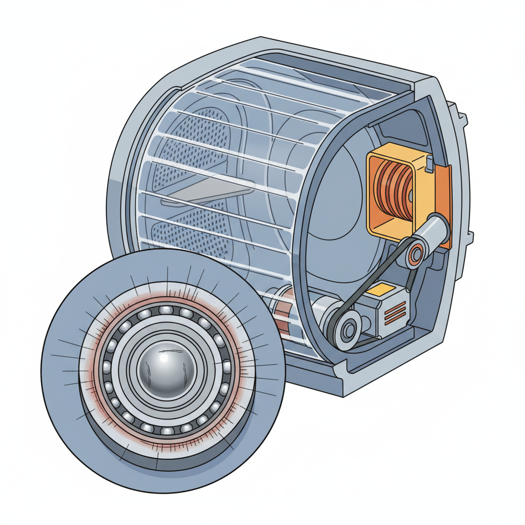 A detailed technical diagram in an infographic style, showing a cutaway view of a clothes dryer's interior, focusing on the rear drum assembly. The drum bearings are prominently highlighted, visually depicted with signs of wear and tear, such as visible friction marks, slight misalignment, or subtle heat lines, to convey a grinding malfunction. The illustration should clearly differentiate the various components with a clean, educational aesthetic, emphasizing the problematic bearing.