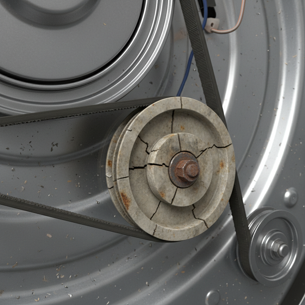 A close-up, realistic 3D render of the internal drive system of a clothes dryer. The image showcases the drive belt, the large drum pulley, and a smaller idler pulley (tensioner). The idler pulley is central to the focus, clearly showing signs of advanced wear – perhaps a rusted axle, visible cracks on its surface, or an uneven spinning motion implied by subtle blur, indicating it's the source of a grinding sound. The background is softly blurred to keep attention on the intricate mechanics.