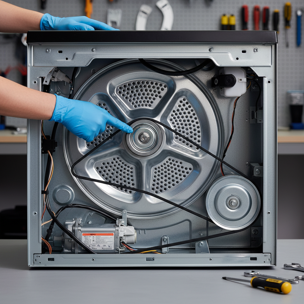 A professional, well-lit photograph captured from a slightly elevated perspective, showing a pair of hands (wearing protective gloves) actively engaged in diagnosing an opened front-loading clothes dryer. The dryer's outer casing is removed, revealing its complex internal mechanics. One hand is pointing directly at a specific component, such as the drum bearings or an idler pulley, with a focused gesture, symbolizing the process of identification and troubleshooting for the source of a mechanical noise.