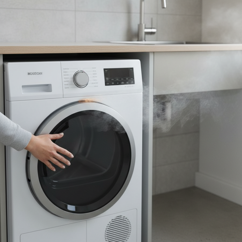 A professional photo of a modern white clothes dryer in a clean, contemporary laundry room. A faint, almost transparent wisp of heat or smoke visibly shimmers from the dryer's vent or door crack, suggesting an issue. A human hand, seen from the side, cautiously reaches towards the dryer, expressing concern. The lighting is soft but clear, highlighting the subtle visual effect of the heat anomaly against the neutral background. The image conveys the initial unsettling feeling of a burnt smell.