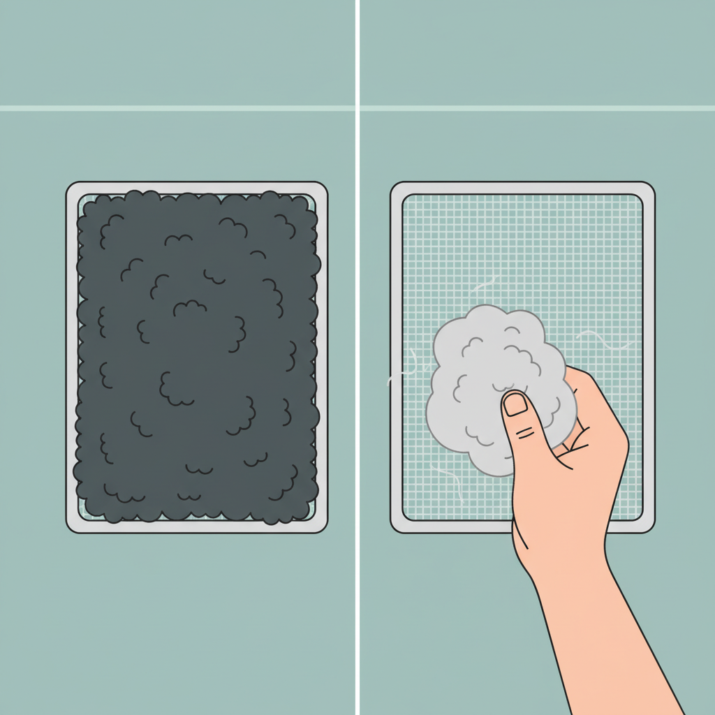 A detailed flat illustration depicting a common household clothes dryer's lint filter. The illustration is split into two distinct sections. On one side, the filter is completely obscured by a dense, matted layer of dark grey lint, clearly showing obstruction. On the other side, a clean, open filter is being held by a hand, which has just pulled a substantial, fluffy ball of light grey lint from it, demonstrating the act of cleaning. The background is minimalist, emphasizing the filter and lint.