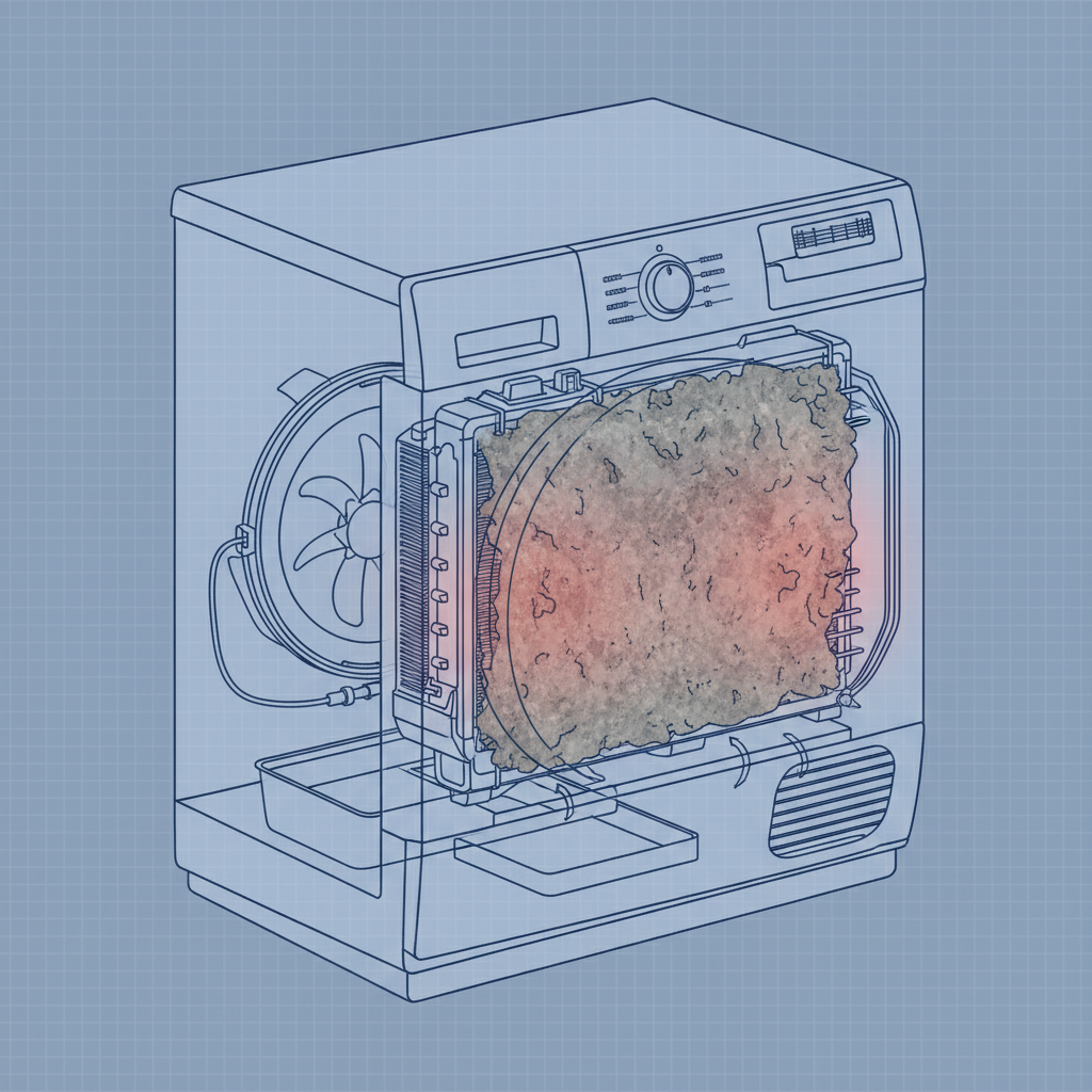 An infographic-style illustration providing a semi-transparent, cutaway view of the lower front section of a condensation clothes dryer. The focus is on the condenser unit, which is shown behind its access panel. The condenser's delicate fins are visibly clogged and coated with a thick accumulation of dust and lint, dramatically reducing airflow. A subtle reddish glow or heat haze emanates from the heavily soiled areas, indicating overheating without showing fire. The surrounding technical components are depicted with clear lines.