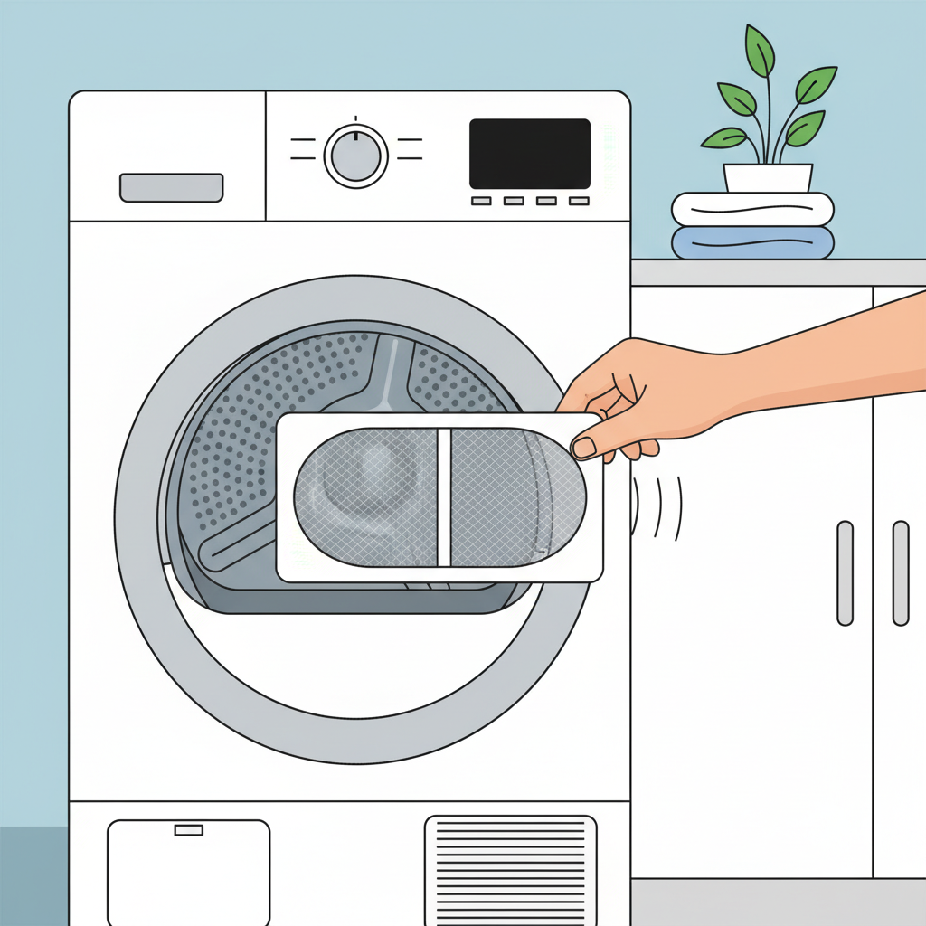 A bright, clean flat illustration showcasing proactive dryer maintenance. The scene features a modern clothes dryer. A human hand is carefully and smoothly sliding a perfectly clean, empty lint filter back into its designated slot near the dryer door opening. The filter is pristine, without any trace of lint or dust. The surrounding laundry room environment is tidy and well-lit, conveying a sense of efficiency, care, and a well-functioning appliance.