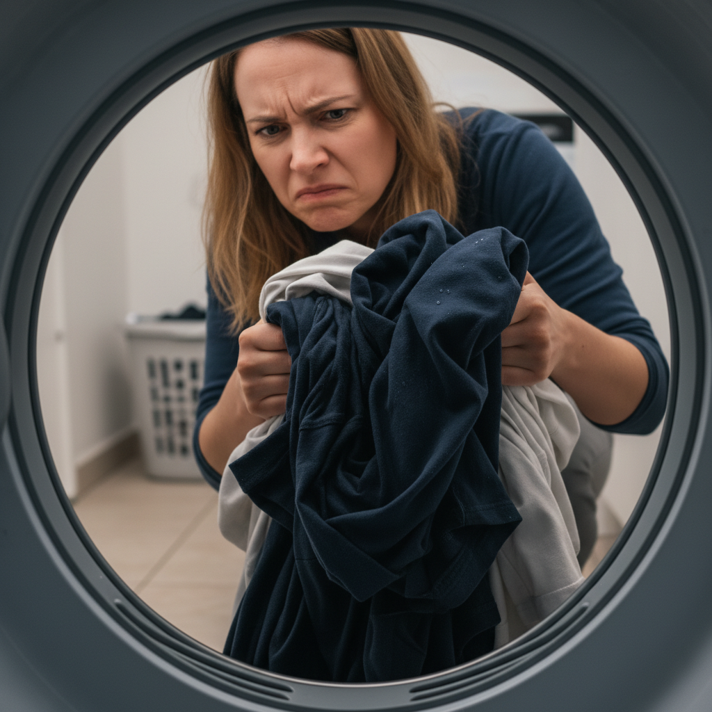 A professional photo capturing a person's frustrated expression as they pull a load of visibly damp, wrinkled laundry from a modern white front-loading dryer. The clothes are slightly bunched and appear heavy, perhaps a few drops of water subtly visible on a dark garment. The lighting is slightly dim, conveying a sense of disappointment and a problem to be solved. The focus is on the human element and the wet laundry.