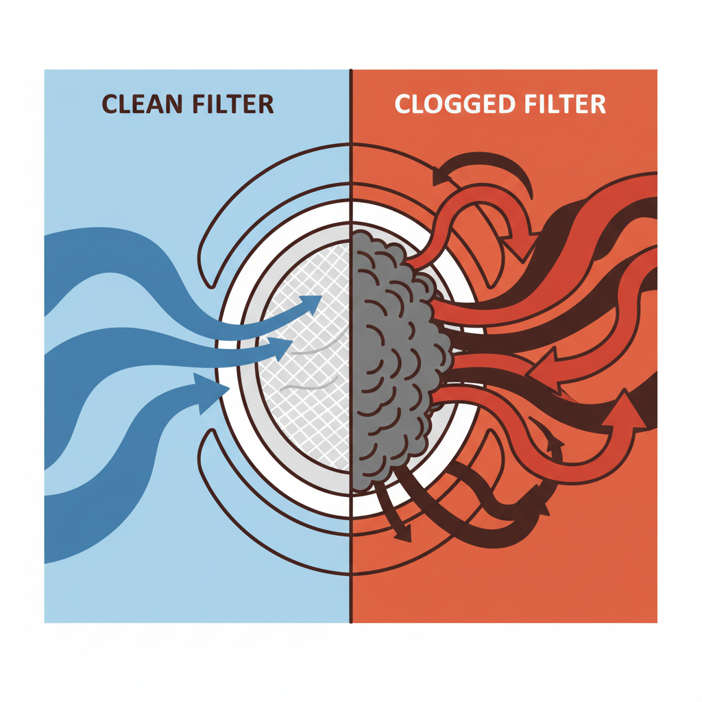 A clean, modern infographic illustration depicting a stylized cross-section of a dryer's interior and lint filter area. On one side, clear blue arrows illustrate unrestricted airflow through a clean lint filter. On the other side, thick, swirling red or brown arrows show highly restricted, turbulent airflow through a lint filter heavily clogged with visible gray lint and debris, highlighting the blockage's impact on efficiency. Use a split-screen or 'before/after' visual comparison.