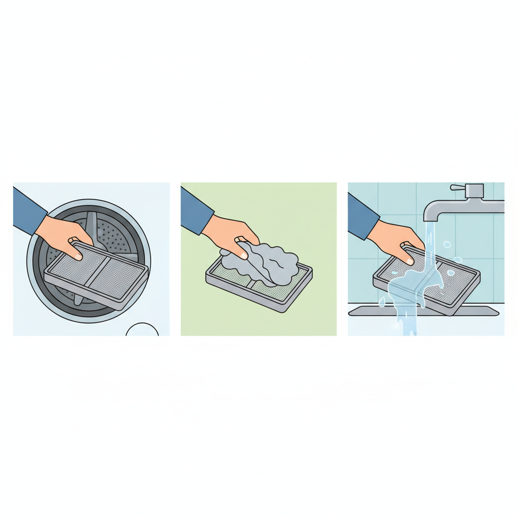 A series of three sequential, flat illustrations presented in a single horizontal composition. The first panel shows a hand gently pulling a lint filter out of a dryer's door opening. The second panel depicts a hand easily peeling a significant layer of grey lint from the mesh of the removed filter. The third panel illustrates the clean filter being rinsed under a gentle stream of clear tap water, emphasizing the cleaning action. The focus is on clear, instructional visuals.