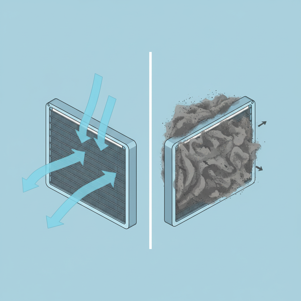 A detailed technical illustration, in a clean isometric style, showing a cutaway view of a dryer's condenser unit. The illustration is split into two sections: one side depicts a clean condenser with clearly defined, open fins allowing for unobstructed airflow (represented by light blue arrows). The other side shows the same condenser with its fins heavily caked and clogged with dense layers of dust and lint, significantly impeding airflow (represented by swirling dark grey blockage). Use a cool color palette.