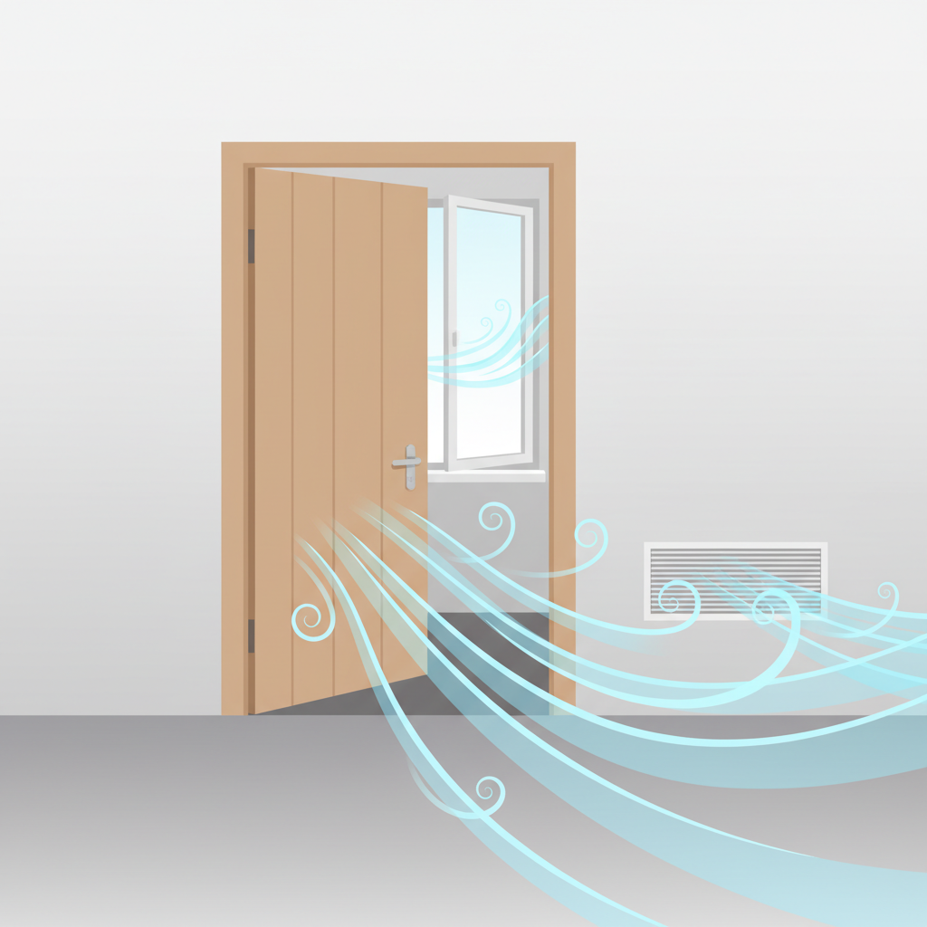 An interior doorway, featuring a wooden door slightly ajar. Invisible air currents are visually represented by stylized, translucent light blue flowing lines or gentle swirls, clearly pushing the door. In the background, a slightly open window allows for a subtle hint of external wind, or a heating vent could be visible as an internal air source. The overall focus is on the unseen force of air movement influencing the door. Style: Clean, modern flat illustration with smooth color gradients for the air movement and a minimalist background.