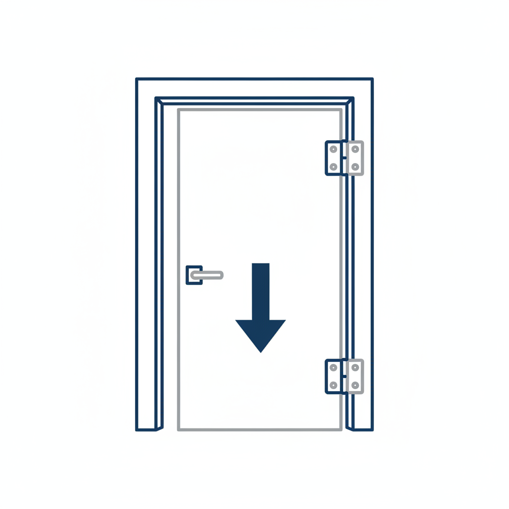 A clear, detailed diagram illustrating a door hanging incorrectly within its frame. The door should be visibly askew, with one edge noticeably lower or angled inwards/outwards. A bold, downward-pointing arrow originating from the door's perceived center of mass visually represents the pull of gravity, indicating its tendency to move. The hinges, at the top and bottom, should also appear slightly misaligned to support this visual. Style: Precise technical line drawing or a sophisticated infographic style, using a limited palette of cool grays, deep blues, and crisp whites.