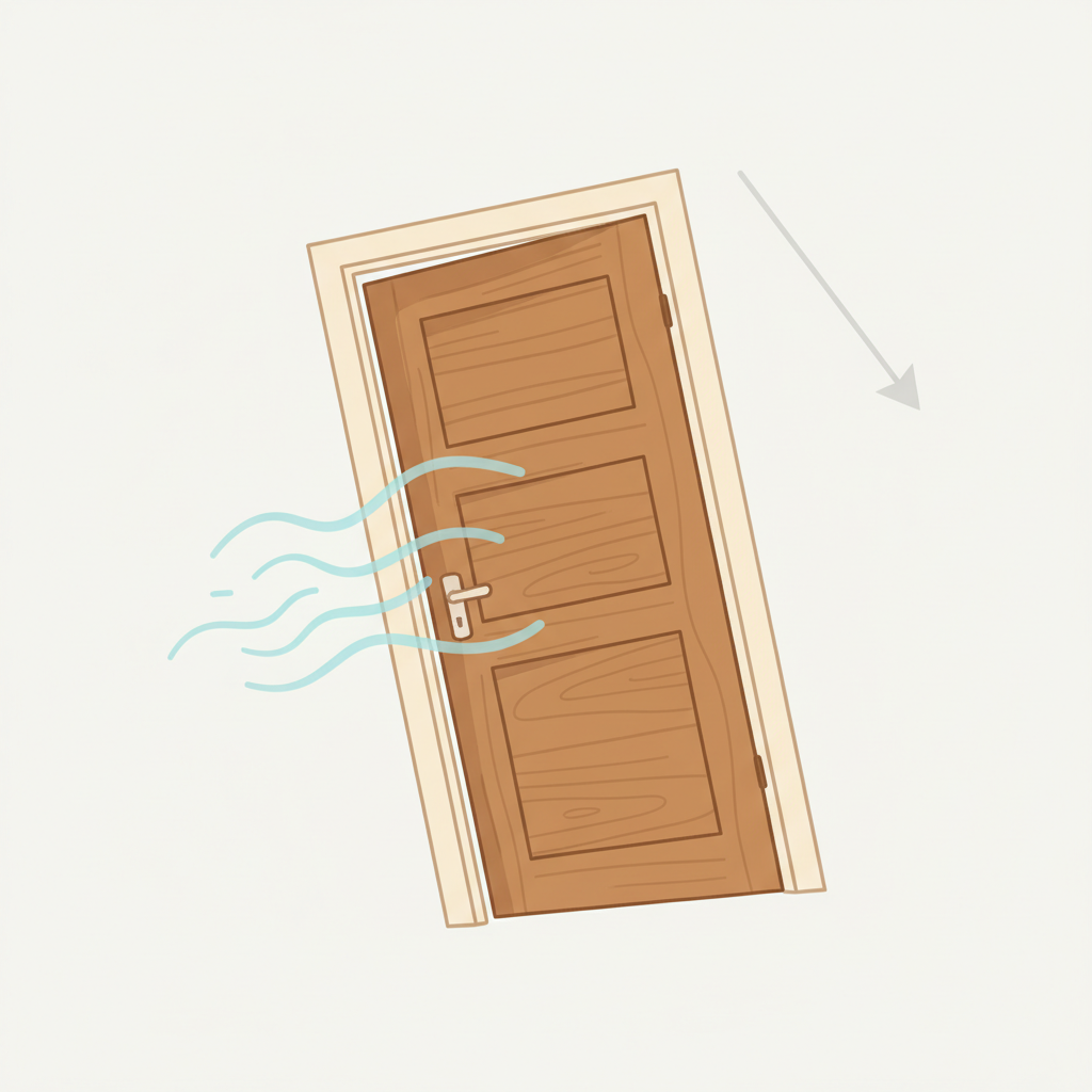 A stylized illustration depicting a wooden door within its frame, simultaneously affected by multiple forces. From one side, subtle, wavy lines in a light blue hue indicate air pressure gently pushing it. From the top, a slight, exaggerated tilt of the door with an almost invisible downward arrow signifies the pull of gravity due to misaligned hinges. The door itself looks slightly precarious, visually embodying the combined, often unseen factors causing it to move on its own. Style: Abstract vector illustration with clean lines and a soft, muted color scheme.