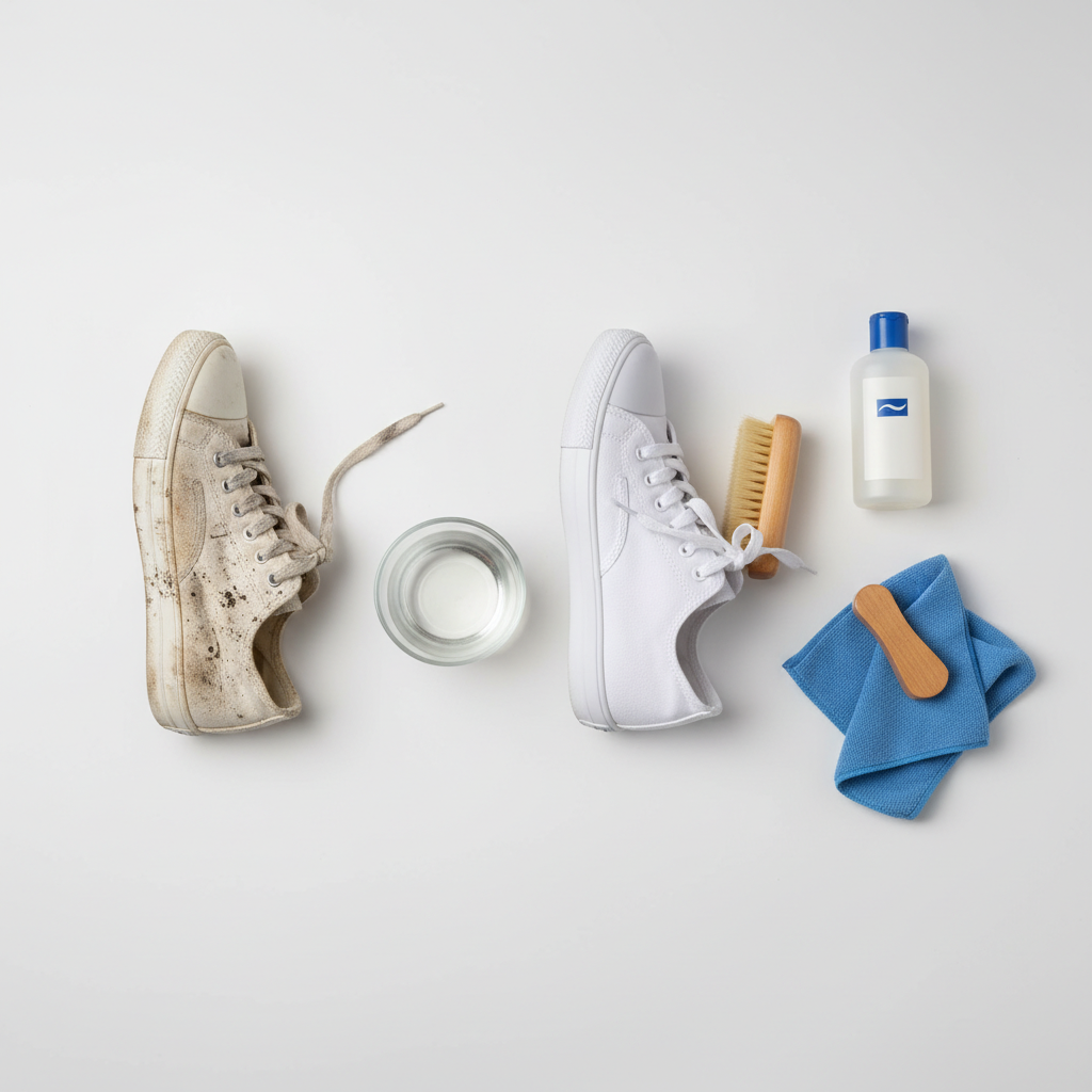 A vibrant, professional product photography style image showcasing the transformation of a white canvas sneaker. On the left side, a visibly dirty, scuffed, and worn sneaker, with dirt and mud splatters. On the right side, the exact same sneaker model, impeccably clean, bright white, and looking brand new. Arranged around the clean shoe are essential, generic cleaning tools: a soft-bristled brush, a clean microfibre cloth, a small bowl of water, and a simple, unbranded bottle of cleaning solution, all set against a clean, minimalist background.